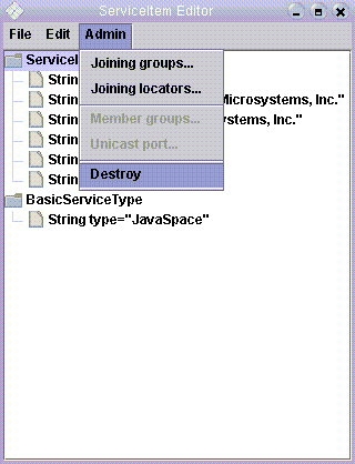 Picture of the ServiceItem editor with Destroy selected from the Admin menu.